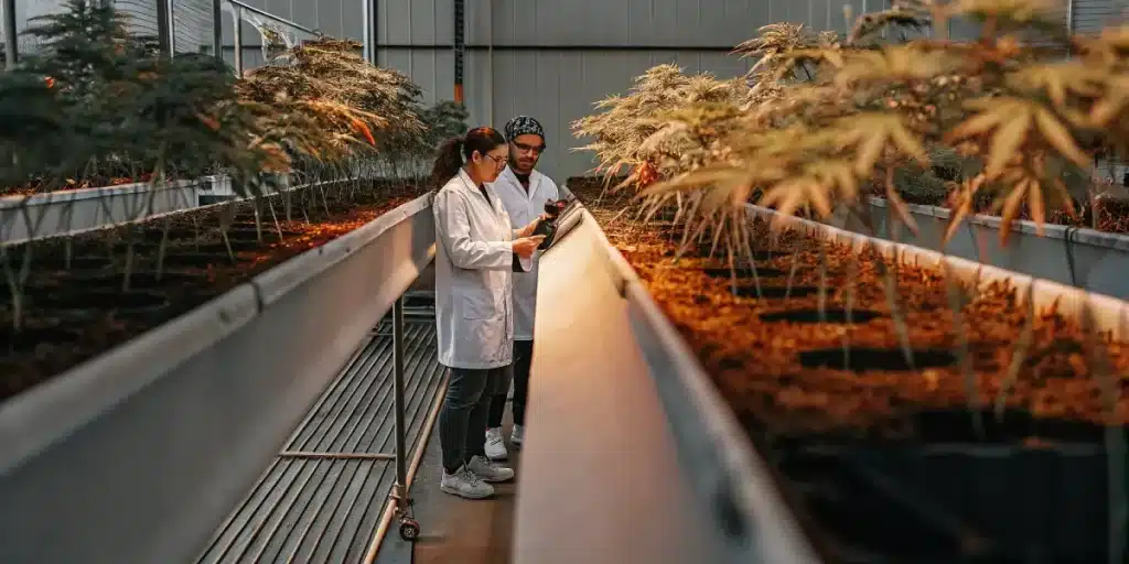 chercheurs analysant des plants de cannabis dans une serre technologique contrôlée