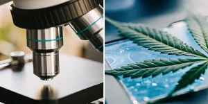 Analyse microscopique feuille cannabis placée sous microscope en laboratoire scientifique moderne.