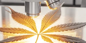 Analyse microscopique d’une feuille de cannabis éclairée en laboratoire scientifique