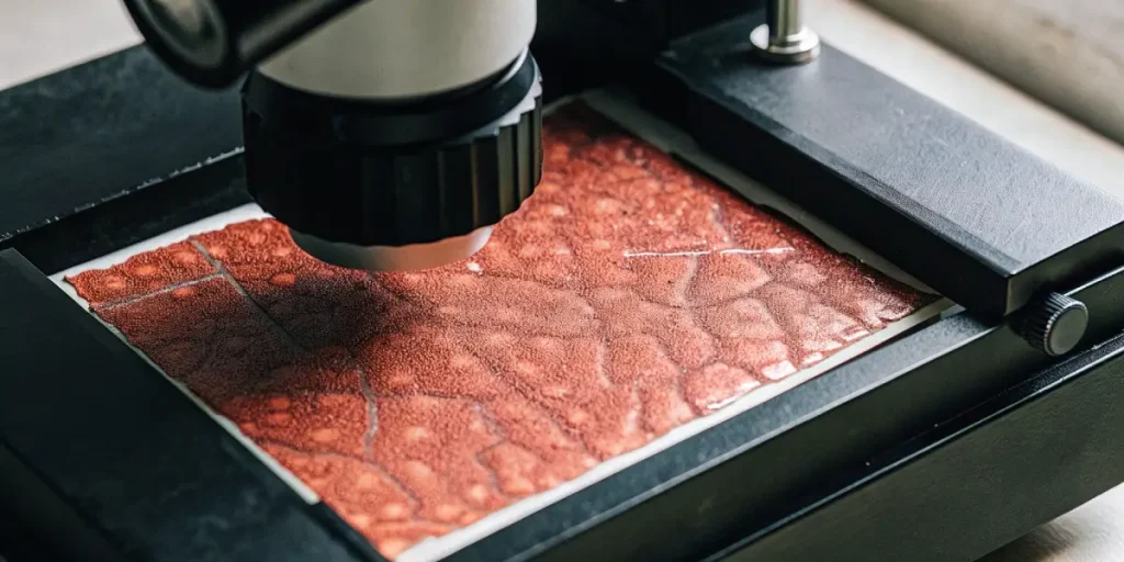 Analyse microscopique d’une feuille de cannabis révélant la structure cellulaire et les tissus végétaux en haute résolution.