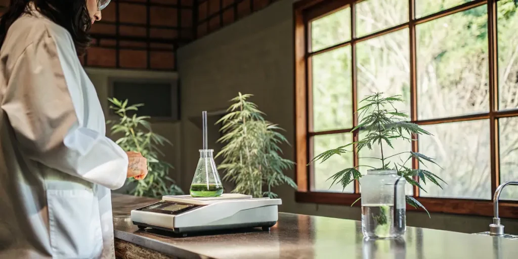 Scientifique analysant une solution nutritive pour des plants de cannabis en laboratoire sous serre.