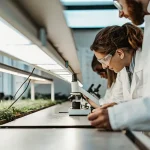 Scientifiques examinant des plants de cannabis au microscope dans un laboratoire de recherche spécialisé.