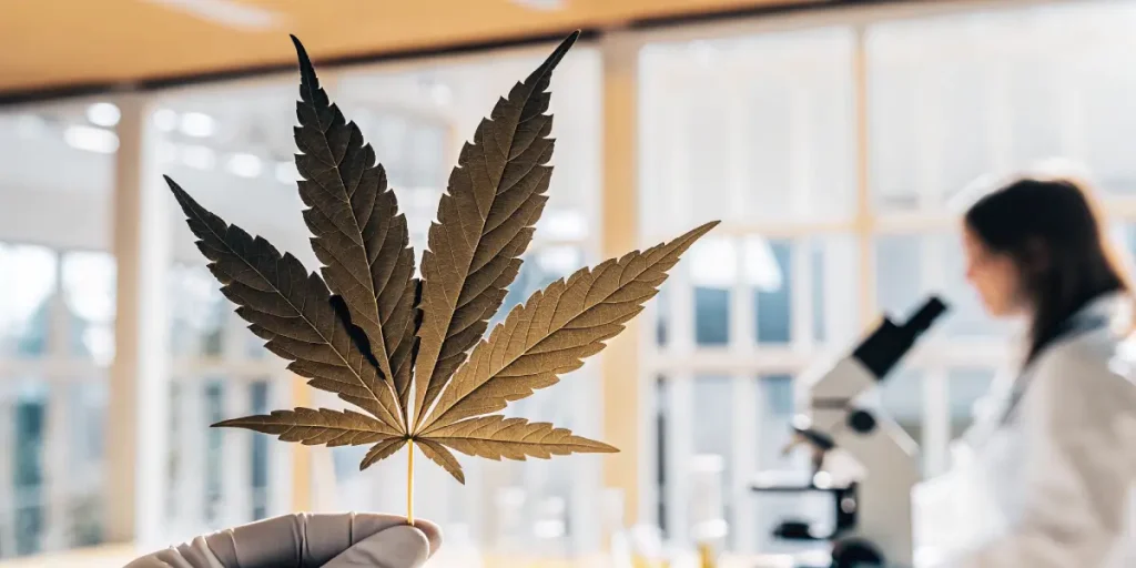 Feuille de cannabis tenue à la main lors d’une analyse scientifique avec microscope dans un environnement de laboratoire.