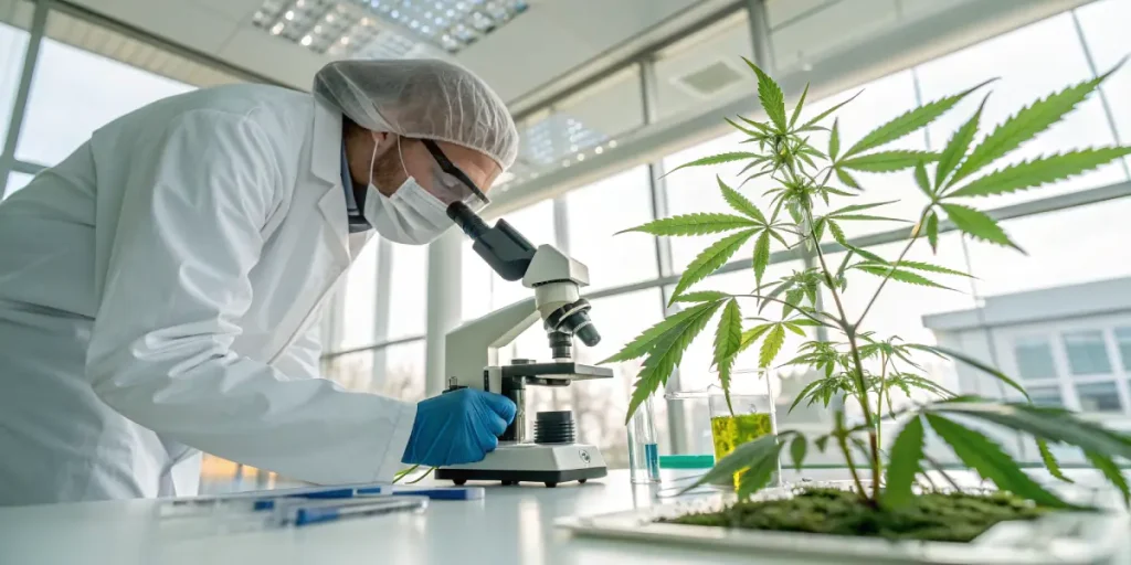 Scientifique étudiant une plante de cannabis au microscope en laboratoire.