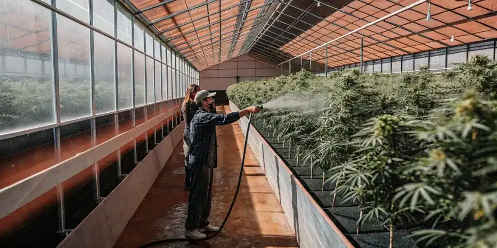 Arrosage cannabis serre professionnelle avec cultivateur pulverisant eau sur rangées de plantes.