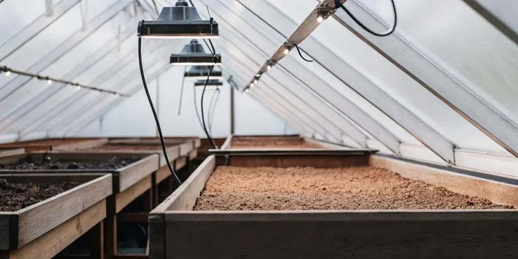 bacs de semis de cannabis remplis de substrat sous lampes horticoles en serre
