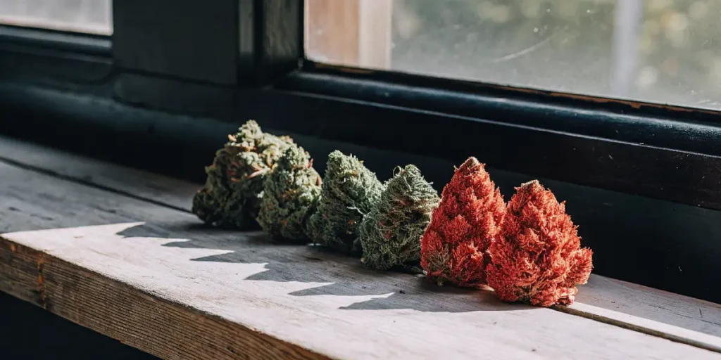 Bourgeons de cannabis verts et rouges alignés sur une surface en bois près d’une fenêtre, illustrant différentes variétés.