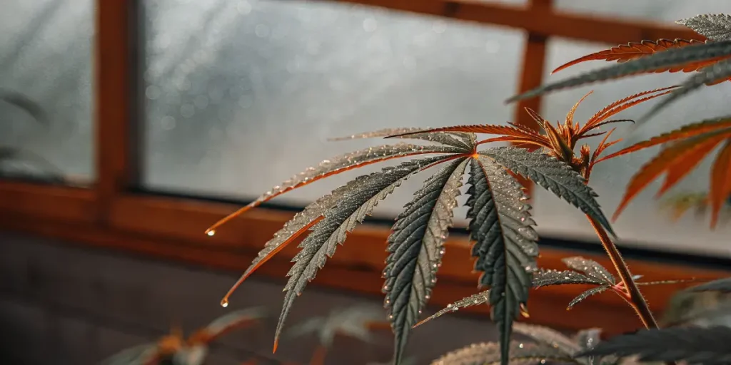 Cannabis feuilles humides lumiere chaude avec reflets dores et gouttes visibles.