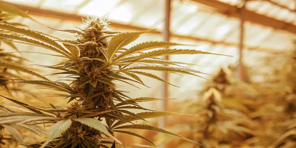 Cannabis floraison lumiere doree serre avec tete mature et feuilles allongees illuminees.