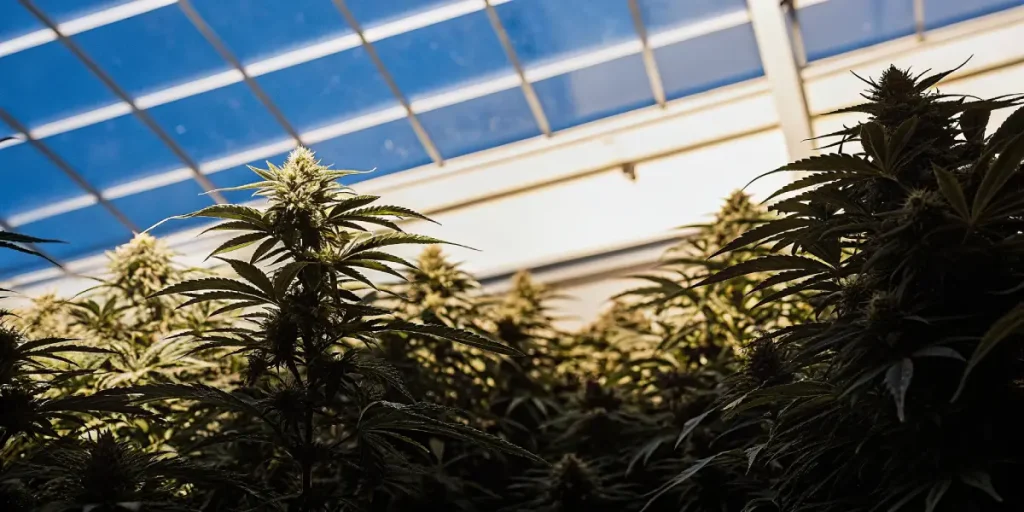 Plantes de cannabis en floraison sous serre avec structure en verre et ciel bleu en arrière-plan