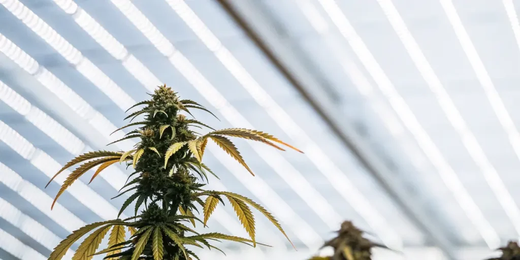 Cannabis floraison serre structure vitree avec tete dense et feuilles legerement jaunies.