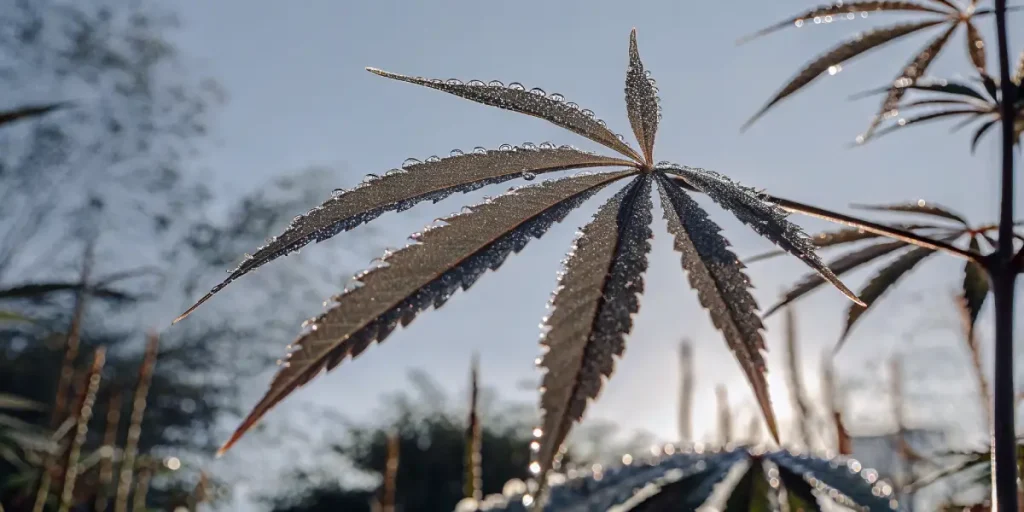 Cannabis gouttes rosee contre jour avec perles eau alignees sur feuille.