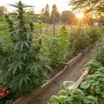 Plants de cannabis cultives dans un potager avec tomates et autres legumes.