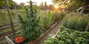 Plants de cannabis cultives dans un potager avec tomates et autres legumes.