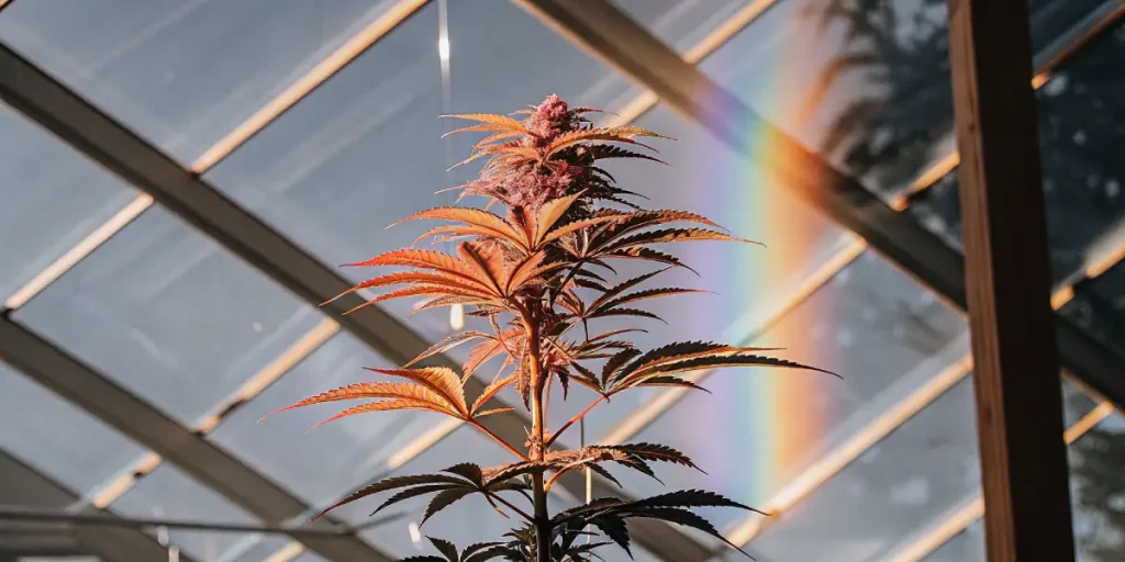 Cannabis serre lumiere arc en ciel avec plante aux feuilles cuivre illuminees par soleil.