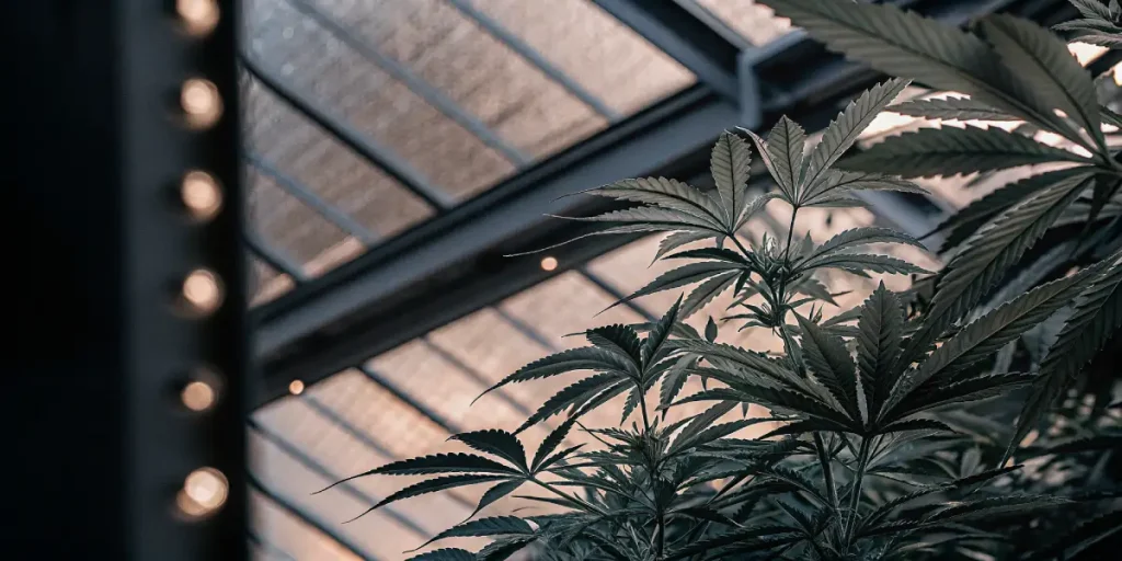 Plante de cannabis en croissance sous structure métallique et lumière artificielle en serre.