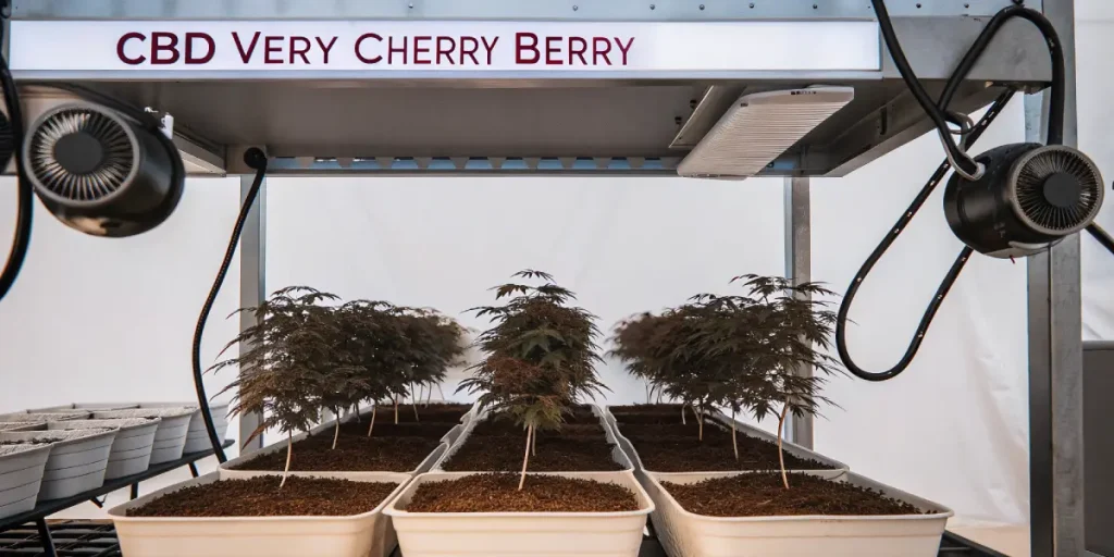 culture intérieure de la variété CBD Very Cherry Berry avec jeunes plants en phase de floraison sous éclairage contrôlé
