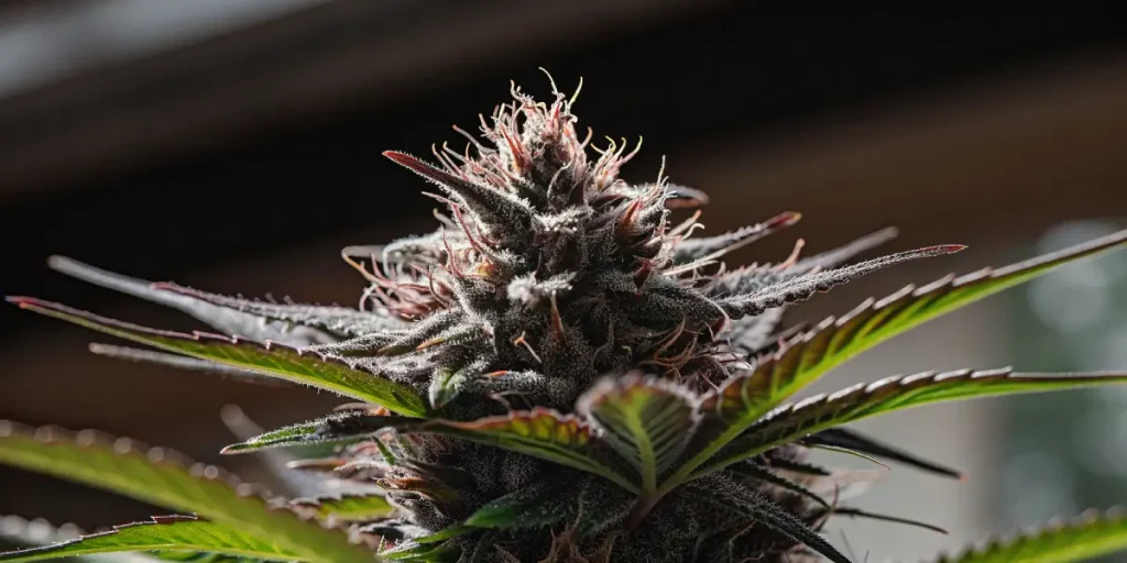 fleur mature de CBD Very Cherry Berry avec trichomes abondants et nuances violettes et vertes