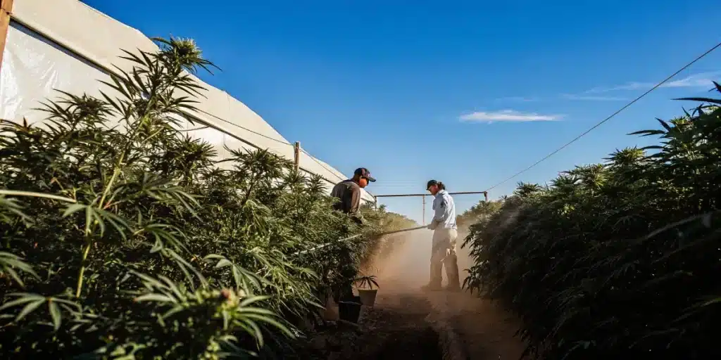 Champ de cannabis luxuriant avec des travailleurs agricoles effectuant l’irrigation entre les rangées de plantes en plein soleil.