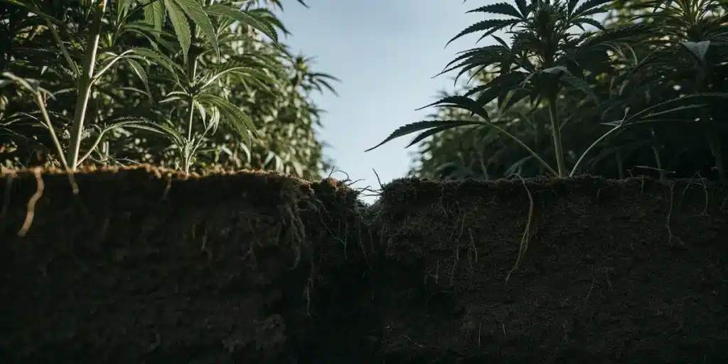 Champ de cannabis vu en coupe avec racines apparentes, illustrant l’absorption des nutriments par le sol.