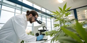 Chercheur analysant une plante de cannabis au microscope dans un laboratoire moderne.