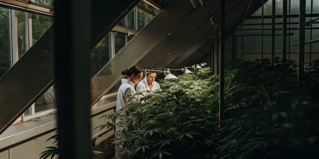 Chercheurs cannabis serre analyse observant plantes denses sous lampes de laboratoire.
