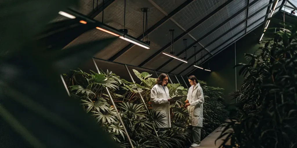 Deux scientifiques en blouse blanche analysent des plants de cannabis dans une serre intérieure sous éclairage LED.