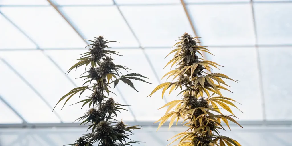 Comparaison de deux plantes de cannabis à différents stades de maturation, l’une verte et l’autre jaunissante en serre.