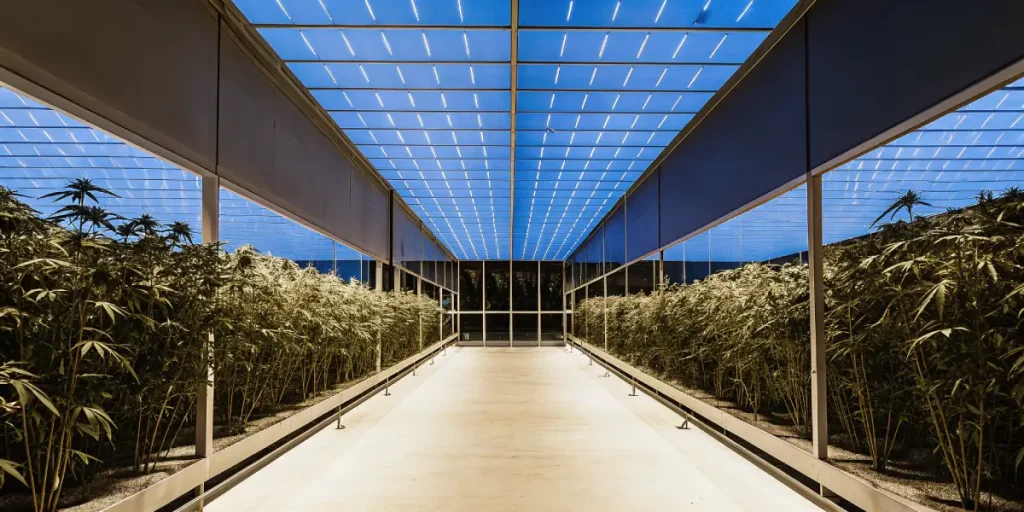 Couloir central d’une serre moderne avec plants de cannabis sous plafond LED bleu