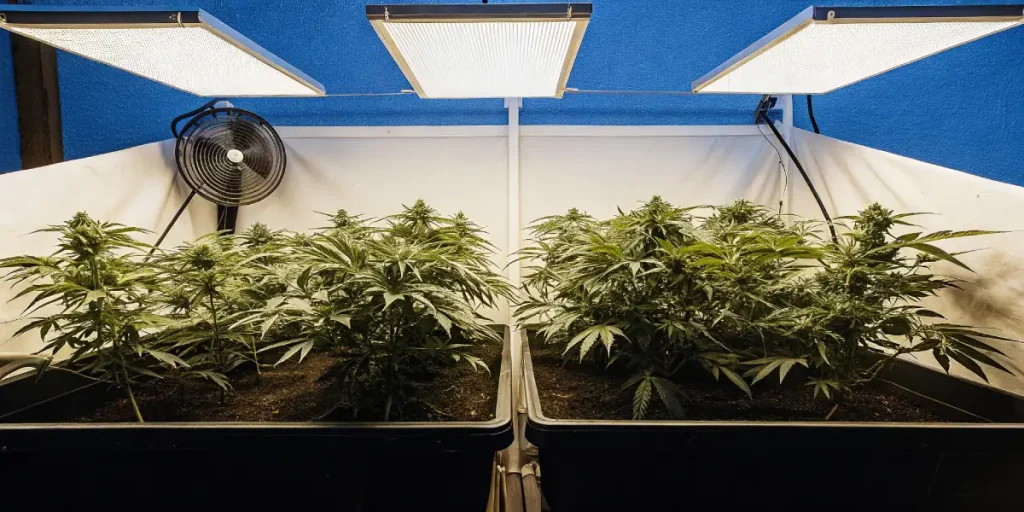 Culture de cannabis CBD en intérieur avec éclairage LED suspendu, ventilation active et plantes en croissance.