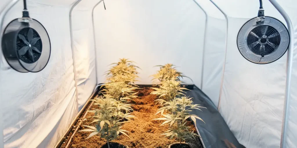 Culture de cannabis CBD en intérieur avec rangées de plantes, ventilation latérale et éclairage contrôlé.