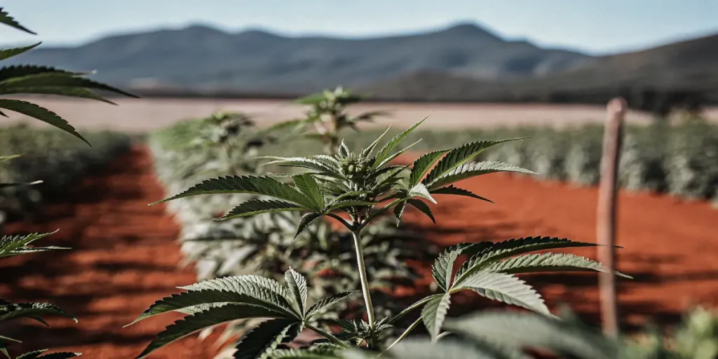 Plante de cannabis en croissance dans un champ à terre rouge avec des montagnes en arrière-plan.