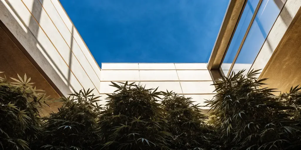 Plantes de cannabis cultivées en extérieur dans une cour ouverte sous un ciel bleu lumineux.