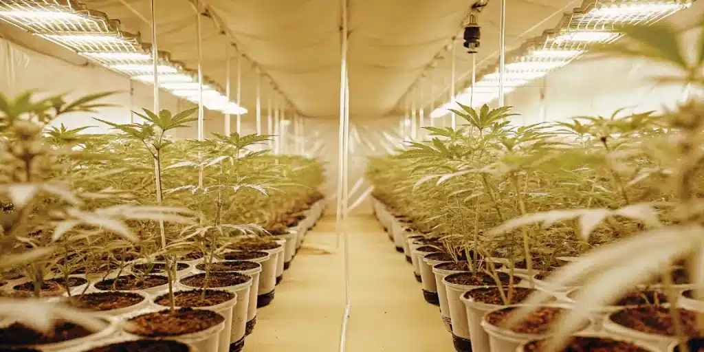 Grande installation de culture de cannabis en intérieur avec rangées de plantes sous éclairage artificiel.