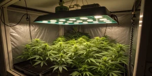 Culture de cannabis en intérieur sous lampe LED, plantes vigoureuses en début de floraison dans un espace contrôlé.