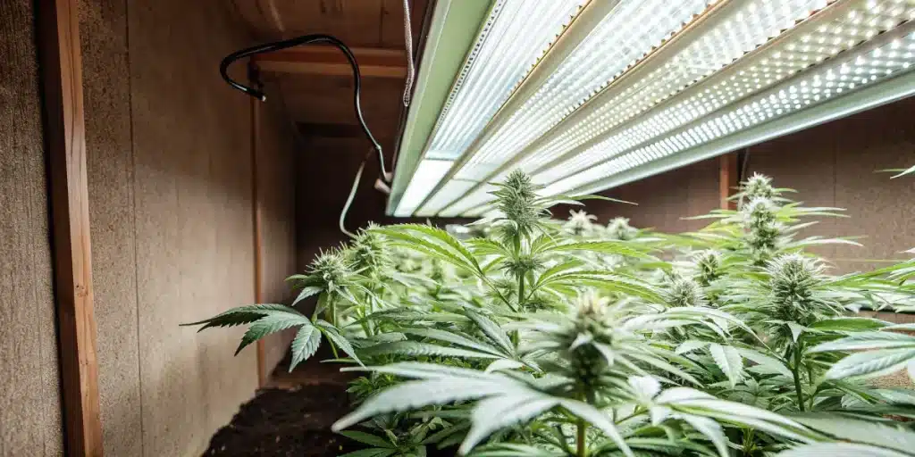 Plantes de cannabis cultivées en intérieur sous éclairage LED horticole en phase de floraison.