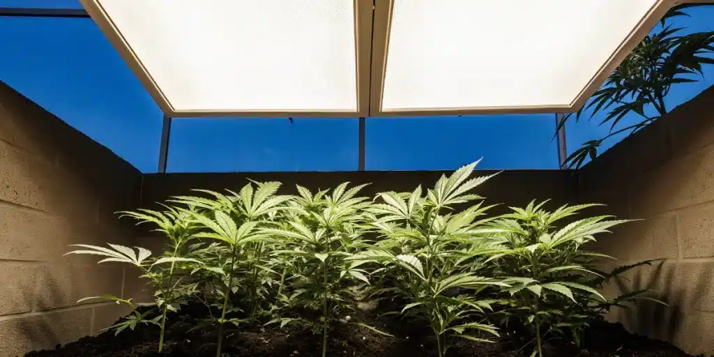 Culture de cannabis en intérieur sous lumière naturelle avec plantes CBD en phase végétative.