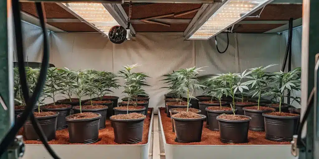 Installation de culture de cannabis en intérieur avec plantes en pots sous éclairage LED horticole.