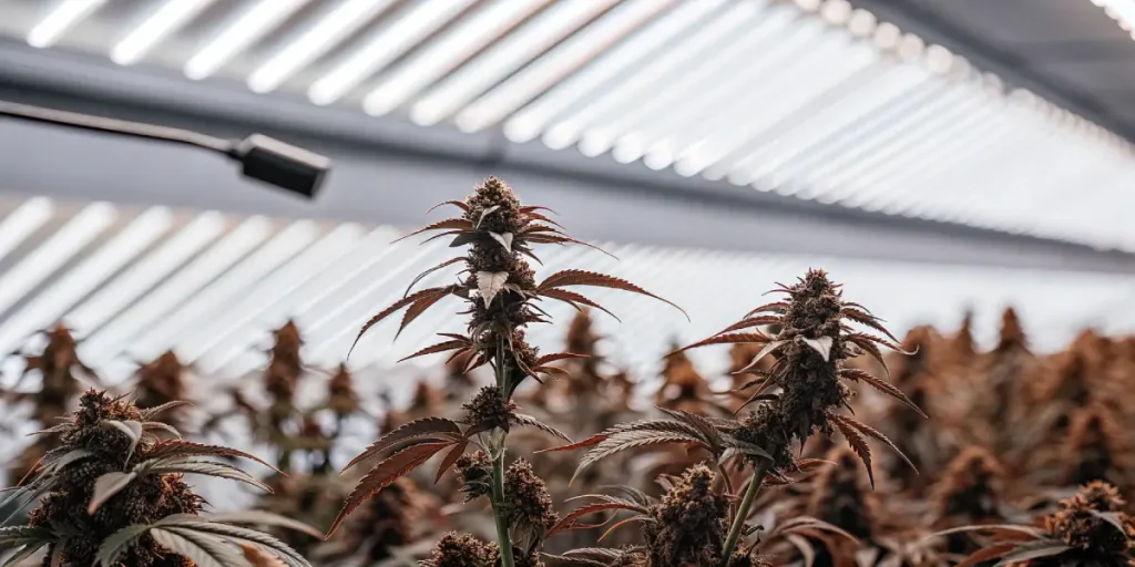 Culture cannabis serre eclairage LED avec tetes denses et feuilles rougeatres sous plafond lumineux.