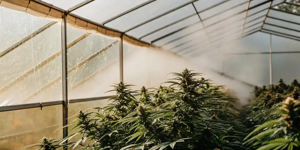 Culture de cannabis en serre avec condensation sur les parois et plantes vertes en phase de floraison.