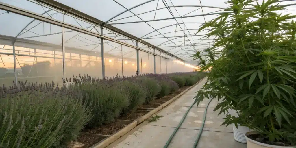 Plants de cannabis cultives en serre aux cotes de lavande.