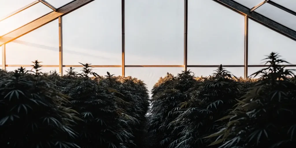 Rangées denses de plants de cannabis cultivés dans une serre professionnelle à environnement contrôlé.