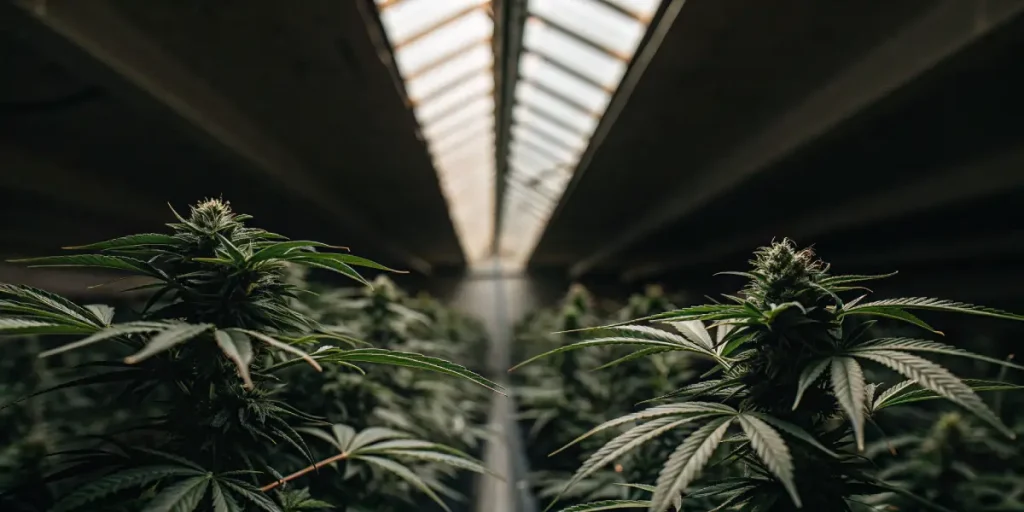 Culture de cannabis en serre avec des plantes en floraison alignées sous une structure vitrée et une lumière contrôlée.