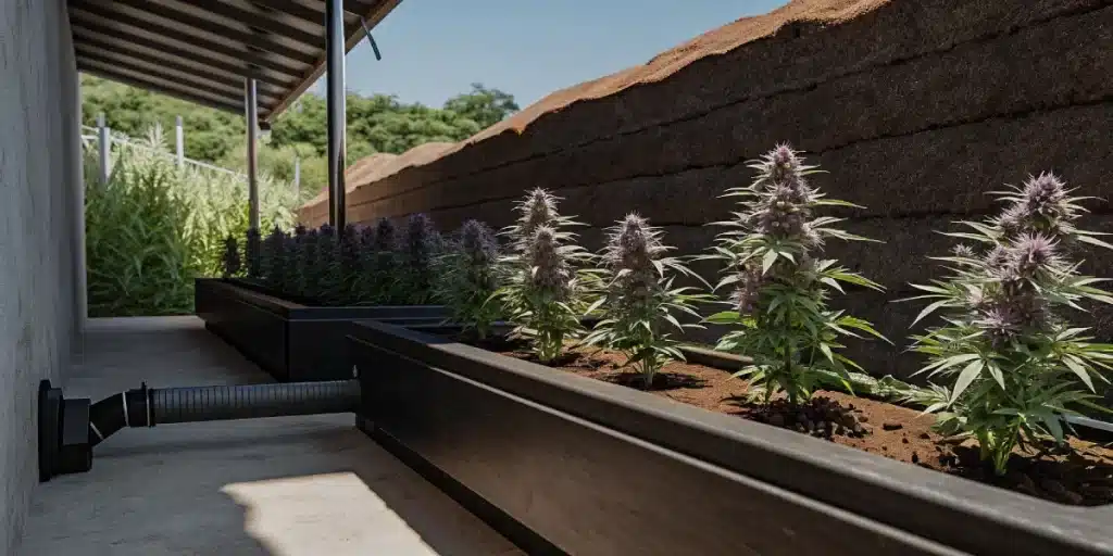 Culture extérieure de cannabis en bacs longitudinaux sous abri, plantes en floraison alignées.