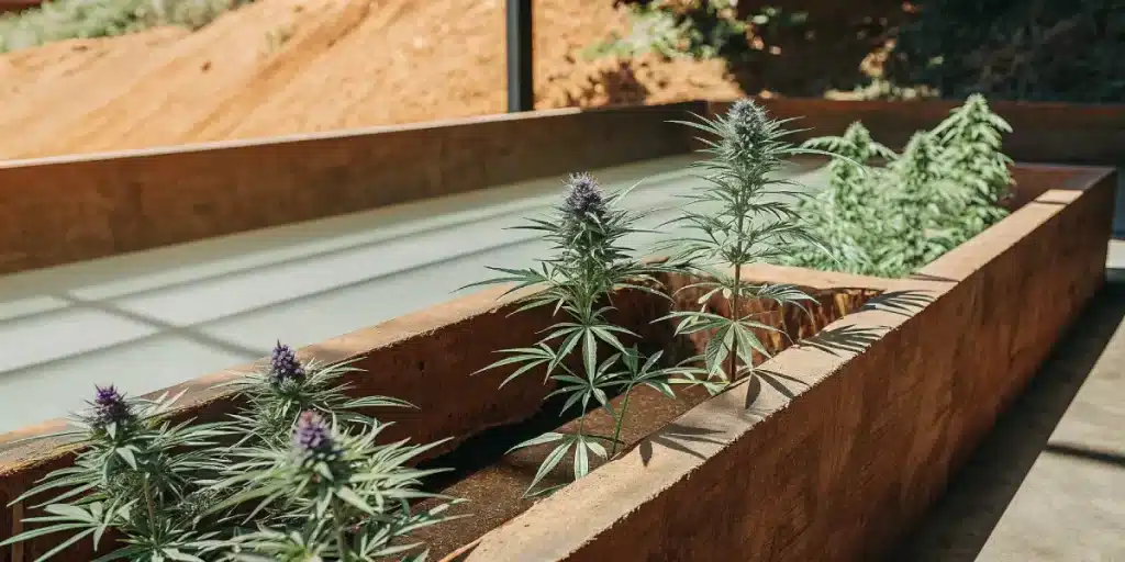 Culture extérieure de cannabis en bacs surélevés, plantes en floraison exposées à la lumière naturelle.