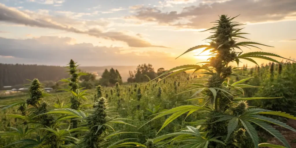 Culture extérieure de cannabis en floraison au coucher du soleil, plantes vigoureuses dans un paysage naturel.