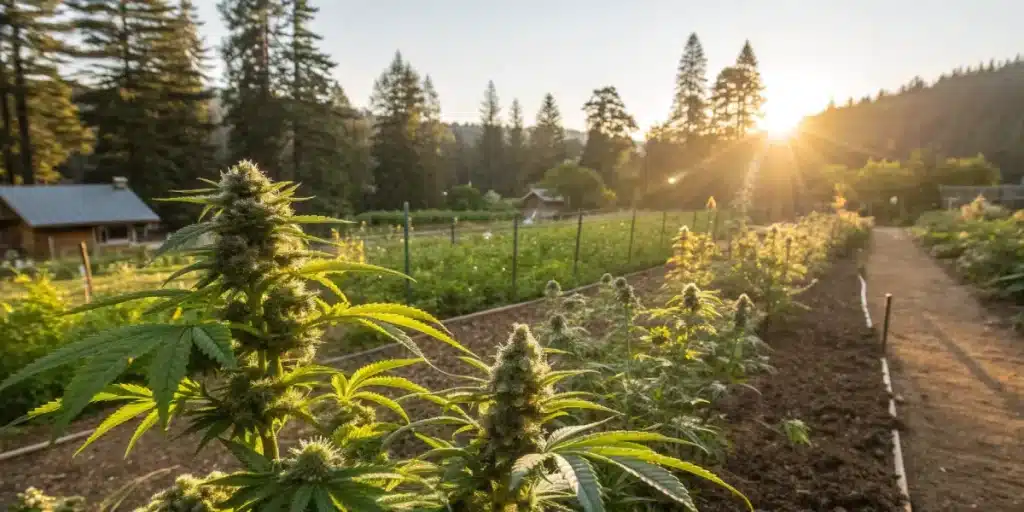 Culture extérieure de cannabis en floraison au coucher du soleil, plantes résineuses dans un paysage naturel.