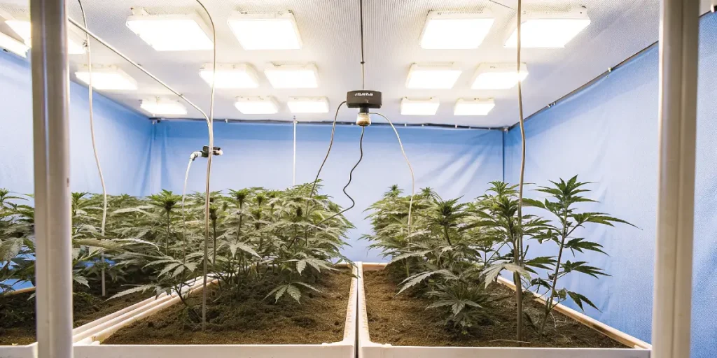 Culture intérieure de cannabis CBD en bacs au sol avec éclairage LED uniforme et plantes en croissance.