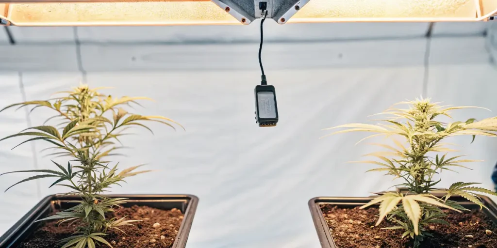 Culture intérieure de cannabis CBD sous lampe LED avec deux plantes en pot et substrat terreux.