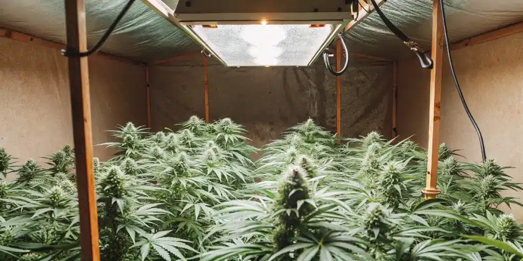 Culture intérieure de cannabis CBD avec plantes denses en floraison sous éclairage horticole suspendu.